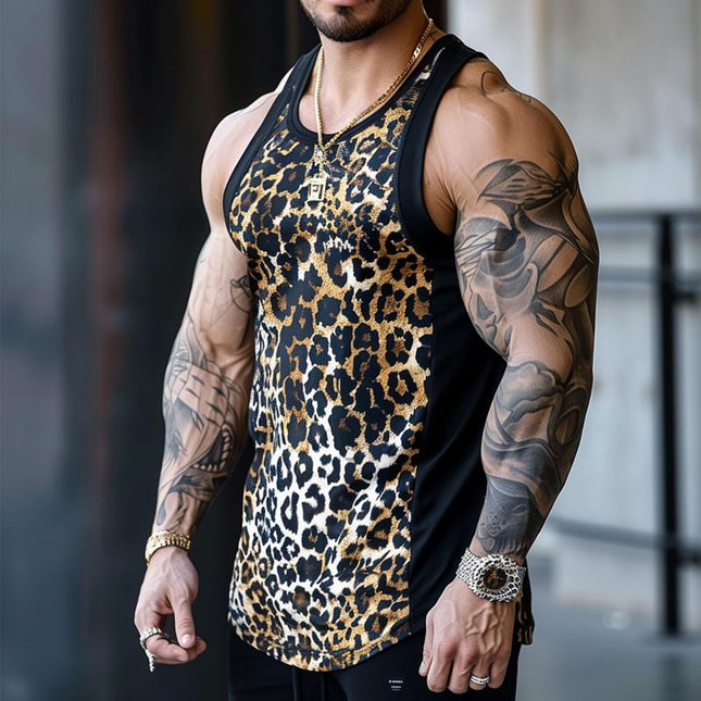 Men's Leopard Print Tank Top | Round Neck | Patchwork Details | Soft Breathable Fabric | Regular Fit | Casual Sleeveless Top | Versatile Styling | Comfortable Summer Wear