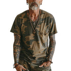 Men's Camo Print V-Neck T-Shirt | Short Sleeve | Chest Pocket | Vintage Style | Cotton | Casual Outdoor Wear | Breathable Fit | Rugged Design