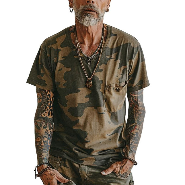 Men's Camo Print V-Neck T-Shirt | Short Sleeve | Chest Pocket | Vintage Style | Cotton | Casual Outdoor Wear | Breathable Fit | Rugged Design