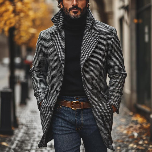 Men's Wool Blend Coat | Classic Houndstooth Pattern | Notch Lapel | Single Breasted | Mid-Length | Versatile Outerwear for Formal & Casual Wear | Warm & Durable | Practical Pockets