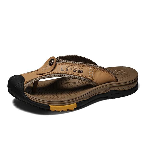 Men's Non-Slip Beach Slippers | Wear-Resistant Sandals | Anti-Collision Toe Cap | Durable Leather Upper | Rugged Rubber Outsole | Great Traction & Durability