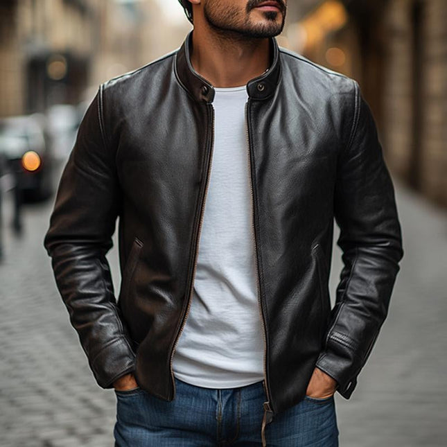 Men's Leather Jacket | Stand Collar | Slim Fit | Zipper Closure | Genuine Leather | Secure Pockets | Casual to Semi-Formal Wear | Comfortable Lining | Versatile Layering | Elevate Your Style