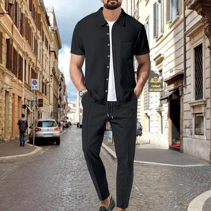 Men's Casual Two-Piece Outfit | Waffle Knit Set | Short Sleeve Shirt & Pants | Solid Color | Elastic Waist | Breathable Fabric | Side Pockets | Comfortable Loungewear | Ideal for Travel & Everyday Wear