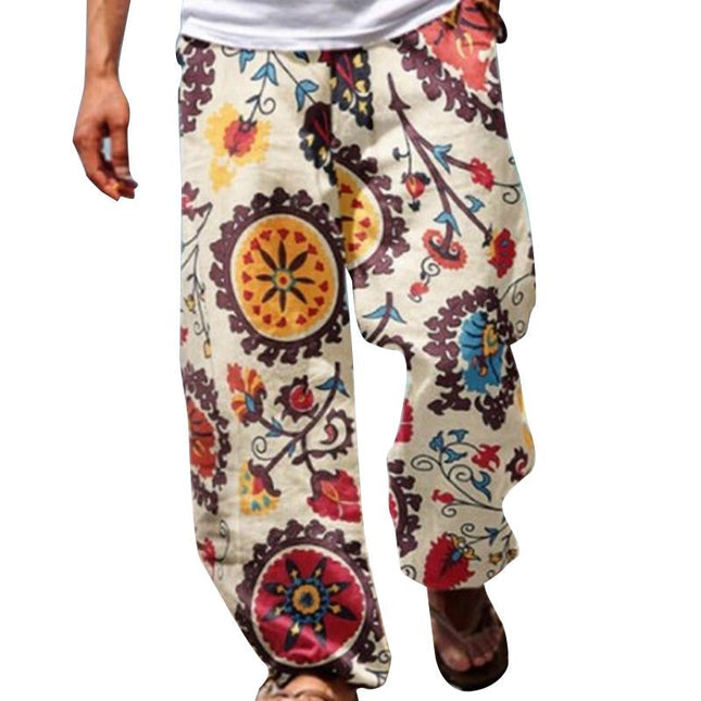 Men's Vintage Style Loose Fit Printed Pants | Cotton Blend | Casual Drawstring Trousers | Spring Summer Beach Wear | Comfortable Breathable Fabric | Ideal for Vacations & Leisure Activities