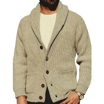Men's Khaki Knit Lapel Jacket | Loose Fit Long Sleeve | Spring Autumn Winter Outerwear | Button Fastening | Machine Washable | Casual Streetwear