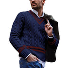 Men's V-Neck Sweater | Colorblock Striped Loose Knit | Soft Cotton Acrylic Blend | Relaxed Fit | Trendy Design | Versatile Layering | Machine Washable | Available in Various Sizes | Stylish Outerwear for Casual Occasions