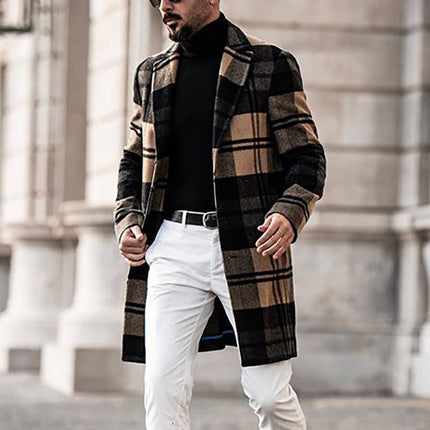 Men's Wool-Blend Mid-Length Plaid Coat | Vintage-Inspired Classic Outerwear | Stylish Notch Lapel | Warm Autumn Winter Jacket | Regular Fit | Button Closure | Long Sleeve | Timeless Fashion For Layering