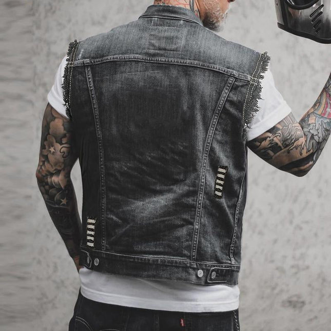 Men's Vintage Lapel Denim Vest | Casual Retro Style | Washed Distressed Design | Premium Soft Fabric | Button Closure | Black Color | Chest Pockets | Four Season Suitable | Comfortable Everyday Outerwear
