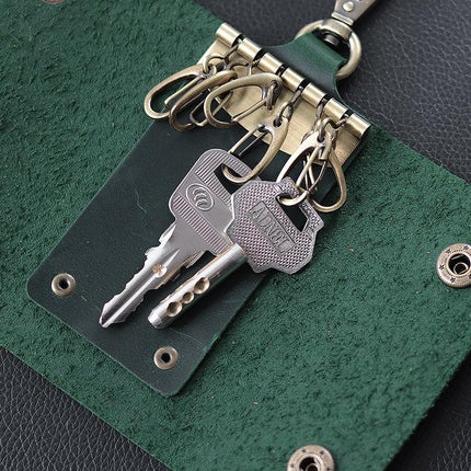 Cowhide Key Case for Men | Retro Casual Style | Waist Hanging Design | Button Closure | Short Length | Hook Element | Plain Pattern
