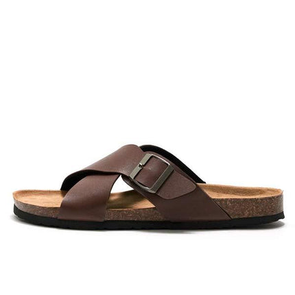 Men's Cross Strap Sandals | Soft Leather Upper | Cork Midsole | Slip-On Style | Durable EVA Outsole | Ideal for Summer Activities