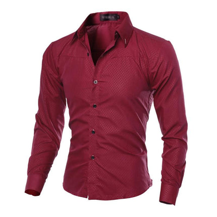 Men's Diamond Pattern Long Sleeve Dress Shirt | Cotton Blend | Elegant Design | Dark Hue | Formal Casual Versatile Style