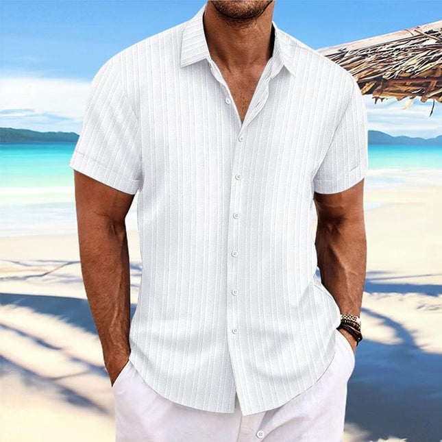 Men's Cotton Linen Blend Shirt | Stripe Print | Loose Short Sleeve | Lapel Collar | Breathable Fabric | Casual Dress Shirt