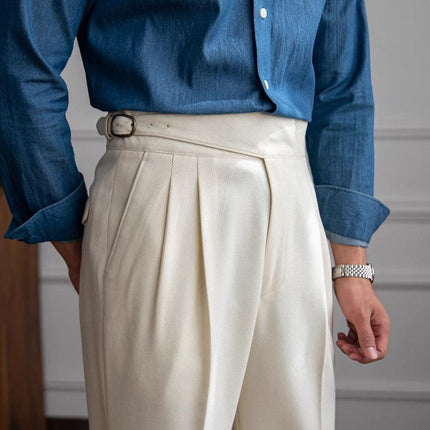 Men's High Waist Slim Straight Trousers | British Neapolitan Design | Tailored Classic Elegance | Premium Fabric | Versatile Formal Wear | Easy Care | Available in Sizes | Functional Pockets | Vintage Inspired Style