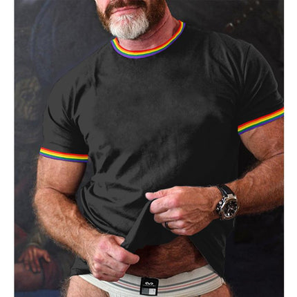 Men's T-Shirt | Rainbow Stripe Patchwork | Round Neck | Short Sleeve | Cotton Blend | Casual Comfort | Colorful Stripes | Summer & Spring Wear | Breathable Fabric | Versatile Fit | Beach & Festival Style