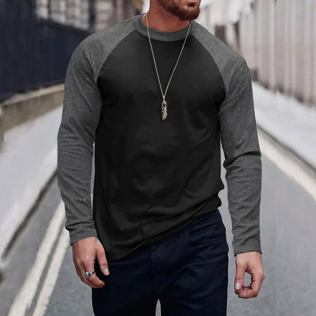 Men's Long Sleeve T-Shirt | Retro Colorblock Design | Round Neck | Casual Style | Polyester-Cotton Blend | Sizes S to 3XL | Fashionable Everyday Wear | Comfort & Durability
