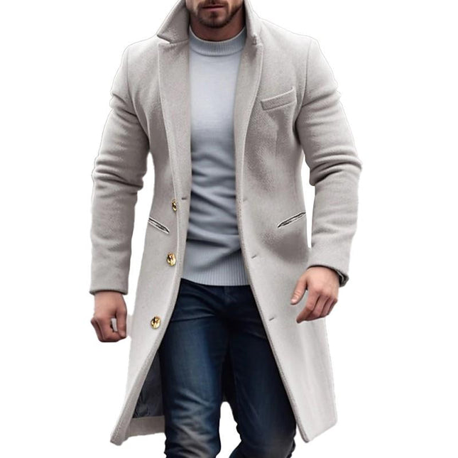 Men's Vintage Long Woolen Coat | Solid Color | Single-Breasted Lapel Design | Warm Elegant Outerwear | Formal Winter Jacket