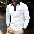 Men's Long Sleeve Polo Shirt | Color Block Design | Pocket Detail | Soft Cotton Blend | Buttoned Placket