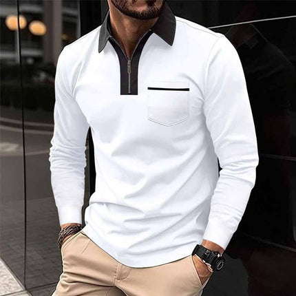 Men's Long Sleeve Polo Shirt | Color Block Design | Pocket Detail | Soft Cotton Blend | Buttoned Placket