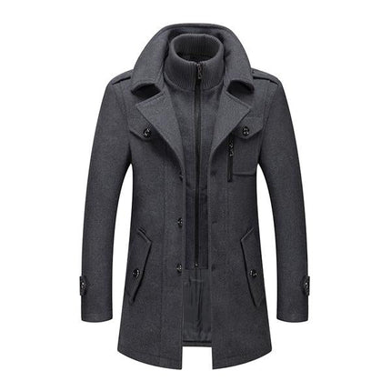Men's Woolen Coat | Retro Double Collar | Classic Lapel | Long Sleeve | Fully Lined | Fall Winter Spring | Fashion Fake Two-Piece Design | Business Leisure | Windproof | Multiple Pockets