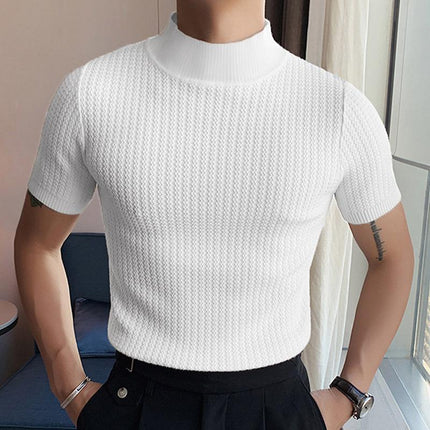 Men's Slim Fit Half Turtleneck Knitted Short Sleeve Tee | Solid Color | Lightweight Layering Top | Comfortable and Stylish | Semi-Formal and Casual Wear | Fall and Winter Fashion
