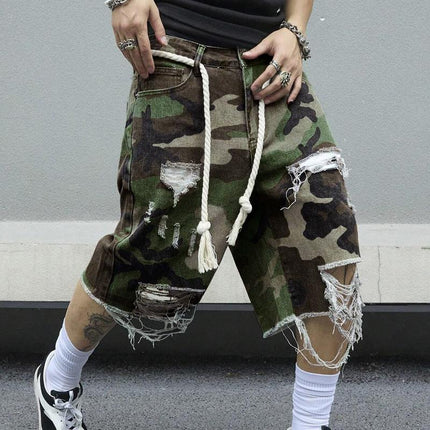 Men's Camouflage Slim Fit Cropped Trousers | Washed Ripped Distressed Design | Durable Cotton Spandex Blend | Vintage Soft Feel | Breathable Fabric | Casual Streetwear | Edgy Modern Style | Trendy Ankle Length
