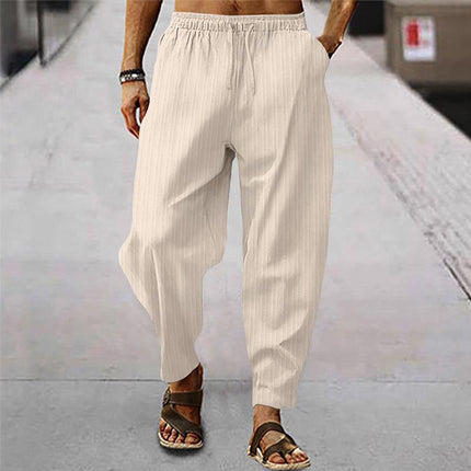 Men's Loose Fit Striped Trousers | Breathable Cotton Linen Blend | Casual Sports Pants | Elastic Drawstring Waistband | Stylish Comfortable Design | Ideal for Everyday Wear