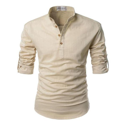 Men's 100% Cotton Linen Solid Color Stand Collar Dress Shirt | Long Sleeve | Neck Button Design | Casual Spring Summer Shirt | Breathable & Soft Fabric