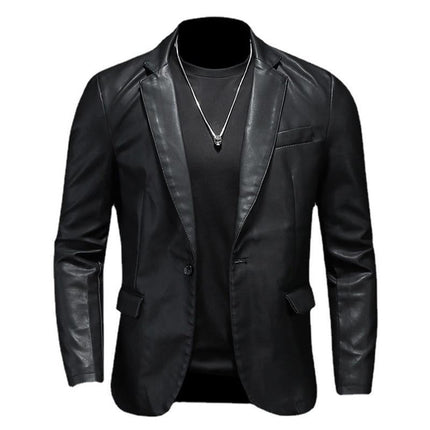 Men's Slim Fit Leather Blazer | Suit Collar | Soft Leather Fabric | Solid Color | Autumn Winter Spring | Business Casual