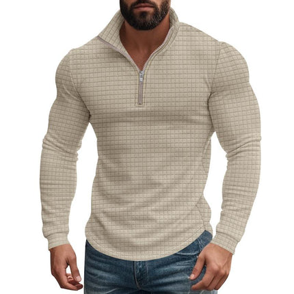 Men's Long Sleeve T-Shirt | Half-Zip Stand Collar | Small Square Pattern | Modern Style | Breathable Fabric | Comfortable Fit | Versatile Layering | Casual & Smart-Casual Wear
