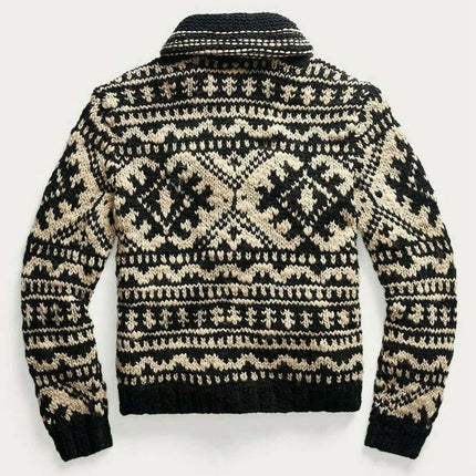 Men's Vintage Lapel Jacquard Knit Cardigan | Winter Outerwear | Cotton Blend | Long Sleeve | Straight Fit | Ribbed Hem | Fashionable Jacket | Casual Leisure Style | Jacquard Pattern | Retro Modern Look