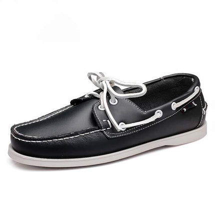 Men's Leather Moc-Toe Boat Shoes | 360° Lacing System | Rustproof Eyelets | Contrast Stitching | Flexible Outsole | Casual Cool Style | Timeless Appeal