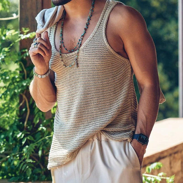 Men's Casual Knitted Tank Top | Solid Color | Sleeveless | Round Neck | Breathable Polyester | Comfortable Loose Fit | Daily Wear | Travel | Beach | Spring Summer