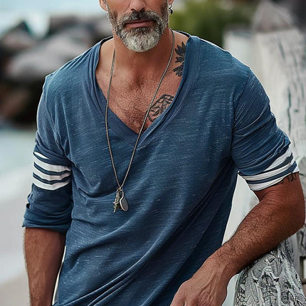 Men's V-Neck Striped Patchwork T-Shirt | Loose Fit Long Sleeve Cotton Shirt | Casual Modern Style | Breathable Premium Fabric | Comfortable All-Day Wear | Trendy Design for Everyday Outfit