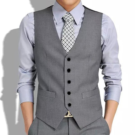 Men’s V-Neck Suit Vest | Soft Woven Fabric | Classic Collar | Colorblock Patchwork | Five-Button Closure | Adjustable Buckled Back | Front Welt Pockets | Fully Lined | Machine Washable