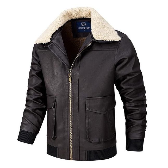 Men's Leather Jacket | Casual Plush Lapel Coat | Soft Leather Outerwear | Regular Fit | Hip-Length | Plush Collar Warmth | Solid Color Design | Versatile for Fall & Winter | Long Sleeves | Chic Rugged Look