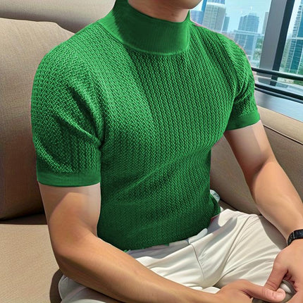 Men's Slim Fit Half Turtleneck Knitted Short Sleeve Tee | Solid Color | Lightweight Layering Top | Comfortable and Stylish | Semi-Formal and Casual Wear | Fall and Winter Fashion