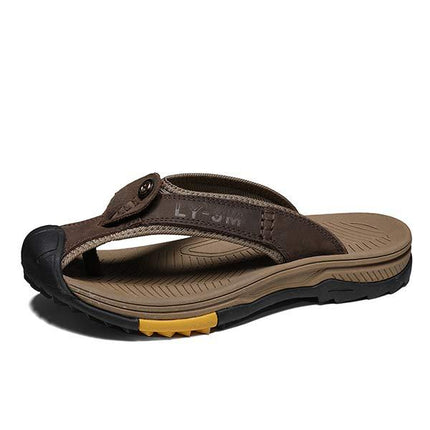 Men's Non-Slip Beach Slippers | Wear-Resistant Sandals | Anti-Collision Toe Cap | Durable Leather Upper | Rugged Rubber Outsole | Great Traction & Durability