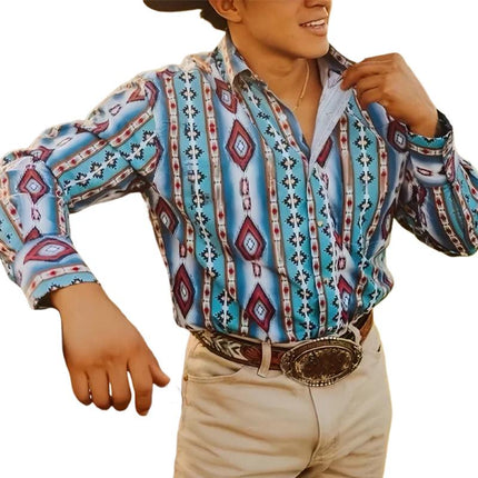 Men's Western Denim Shirt | Stripe Printed | Long Sleeve | Button Down | Snap Closures | Casual Vacation Style | Classic Blue | Breathable Cotton Blend | Ideal for Casual Outings & Vacations