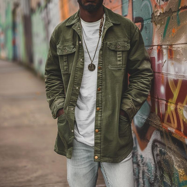 Men's Vintage Corduroy Work Jacket | Washed Lapel | Mid-Length | Multi-Pocket Design | Button Closure | Adjustable Cuffs | Durable Stitching | Comfortable | Breathable | Timeless Appeal | All-Season Wear