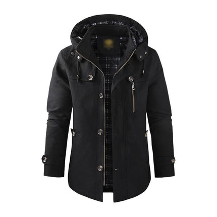 Men's Washed Cotton Hooded Coat | Warm Stand Collar | Mid-Length | Insulated Lining | Weather-Resistant | Rugged Casual Design | Multiple Pockets | Relaxed Fit | Adjustable Hood and Cuffs | Outdoor Ready | Machine Washable