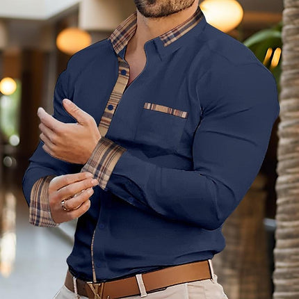 Men's Long Sleeve Plaid Shirt | Color Block Design | Lapel Collar | Casual Fit | Cotton Blend | Earth Tones | Bold Contrasts | Durable Construction | Available in Regular & Slim Fit | Machine Washable