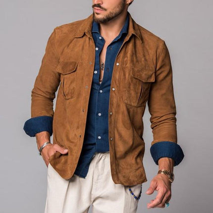 Men's Vintage Suede Overshirt | Double Breast | Chest Flap Pockets | Lapel Collar | High-Quality Material | Textured Appearance | Buttons Closure | Rugged Timeless Look | Outerwear | Coats & Jackets