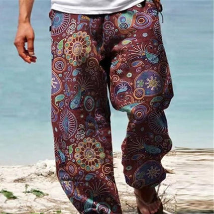 Men's Vintage Style Loose Fit Printed Pants | Cotton Blend | Casual Drawstring Trousers | Spring Summer Beach Wear | Comfortable Breathable Fabric | Ideal for Vacations & Leisure Activities