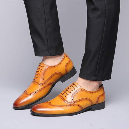 Men's Brown Leather Brogue Oxford Shoes | Cap Toe Dress Shoes | Flexible Rubber Sole | Formal Business Footwear | Glossy Polished Finish | Wedding & Party Ready