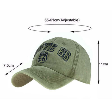 Distressed Cotton Route 66 Embroidered Cap | Unisex | Adjustable Strap | Breathable | Sun Protection | Casual Wear | Vintage Style | Weathered Look | Iconic Route 66 Design