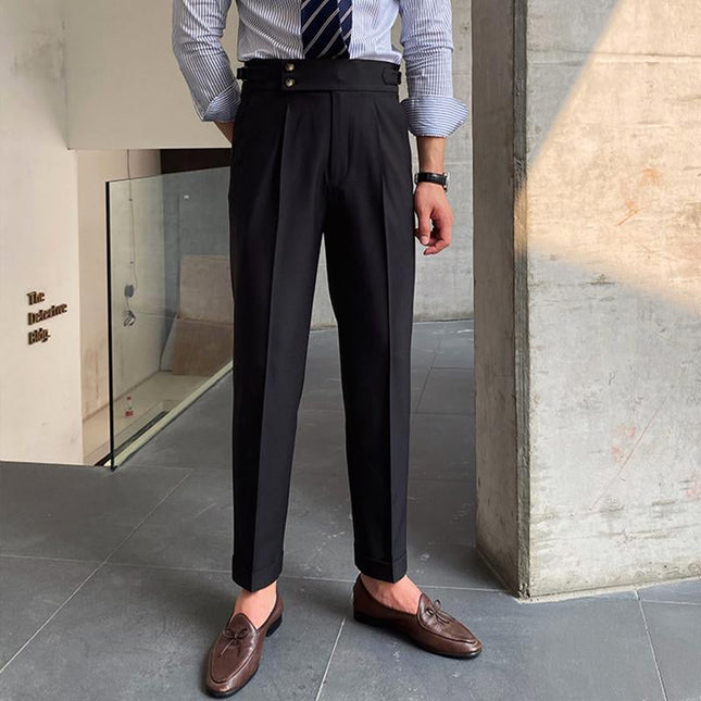 Men's British Style High Waist Straight Pants | Classic Wool Blend Trousers | Slim Fit Tailored Design | Durable Polyester & Spandex | Timeless Colors | Dry Clean Only | Versatile Formal & Casual Wear