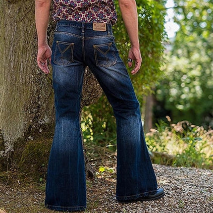 Men's Vintage Washed Denim Flared Jeans | Distressed Details | Retro 5-Pocket Style | Button Fly | Mid-Rise Waist | Classic Design | Trendy Men's Fashion | Durable Denim | Stylish Vintage Look