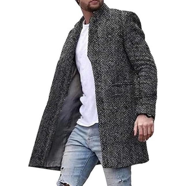 Men's Vintage Herringbone Coat | Stand Collar Mid-Length | Wool-Blend | Charcoal Gray Navy Olive | Full-Length Sleeves | Classic Button-Down | Warm Lining | Sizes S-3XL | Stylish Outerwear