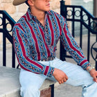 Men's Western Denim Shirt | Stripe Printed | Long Sleeve | Button Down | Snap Closures | Casual Vacation Style | Classic Blue | Breathable Cotton Blend | Ideal for Casual Outings & Vacations