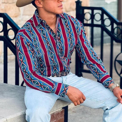 Men's Western Denim Shirt | Stripe Printed | Long Sleeve | Button Down | Snap Closures | Casual Vacation Style | Classic Blue | Breathable Cotton Blend | Ideal for Casual Outings & Vacations
